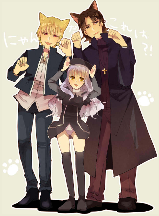 1girl 2boys age_difference animal_ears blonde_hair brown_eyes brown_hair caren_ortensia cat_ears child cross earrings fangs fate/hollow_ataraxia fate/stay_night fate_(series) gilgamesh hat jewelry kemonomimi_mode kotomine_kirei long_hair looking_at_viewer multiple_boys no_legwear paw_pose posing red_eyes simple_background size_difference standing thigh_gap thighhighs time_paradox tora_uto white_hair yellow_eyes