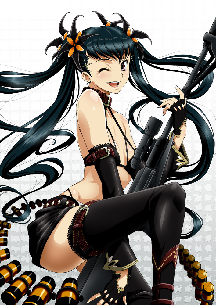 bikini_top black_eyes black_hair collar detached_sleeves earrings fingerless_gloves flat_chest gloves gun hair_ornament hairpin hands isse jewelry legs long_hair miniskirt open_mouth original rifle skirt smile solo thigh-highs thighhighs twintails very_long_hair weapon wink