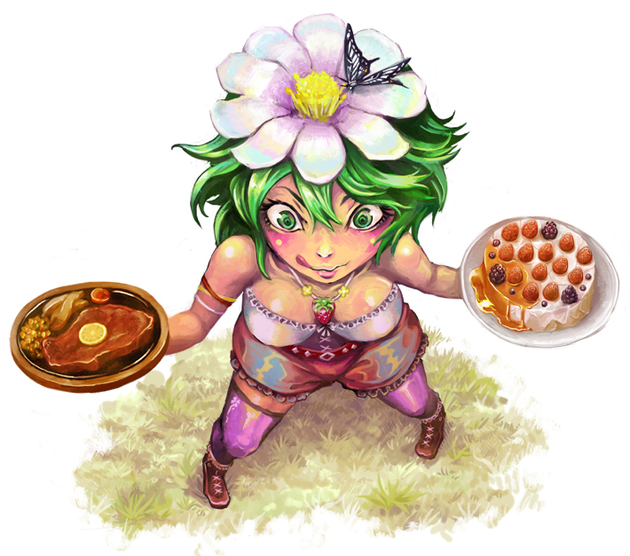 breasts butterfly cake cleavage crazy_eyes flower food from_above fruit green_eyes green_hair hair_flower hair_ornament pastry pixiv pixiv_fantasia pixiv_fantasia_3 plate shibairo short_hair steak strawberry thigh-highs thighhighs tongue