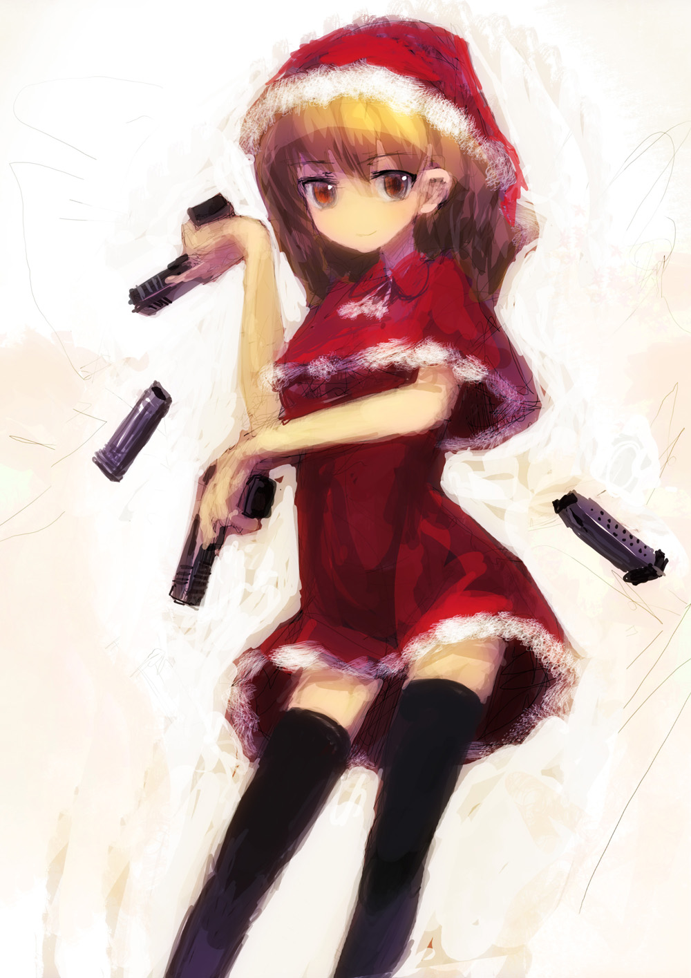 christmas dual_wielding gun handgun highres lm7_(op-center) magazine magazine_(weapon) magazine_ejection op-center santa_costume solo thigh-highs thighhighs trigger_discipline weapon