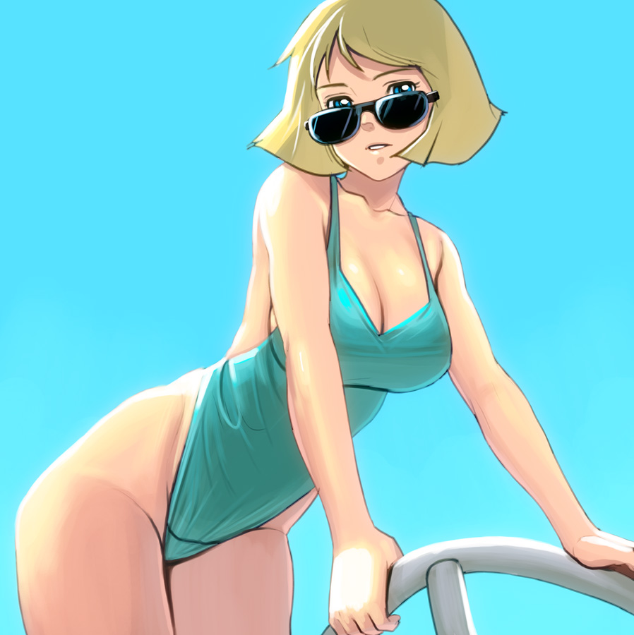 blue_eyes breasts casual_one-piece_swimsuit cleavage gundam masao mobile_suit_gundam one-piece_swimsuit sayla_mass short_hair simple_background solo sunglasses swimsuit