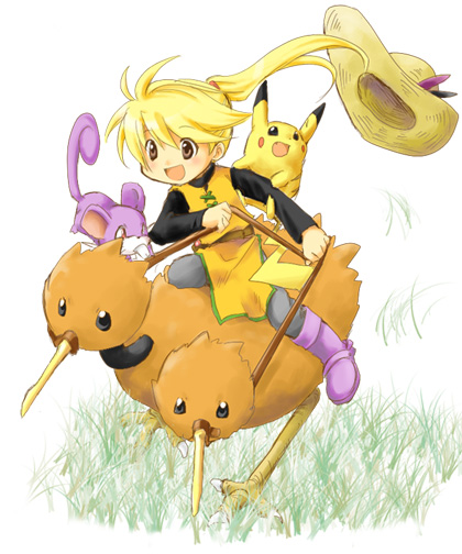 1girl artist_request brown_eyes doduo grass hat open_mouth pika_(pokemon) pikachu pokemon pokemon_(creature) pokemon_special ponytail rattata reins riding smile yellow_(pokemon)