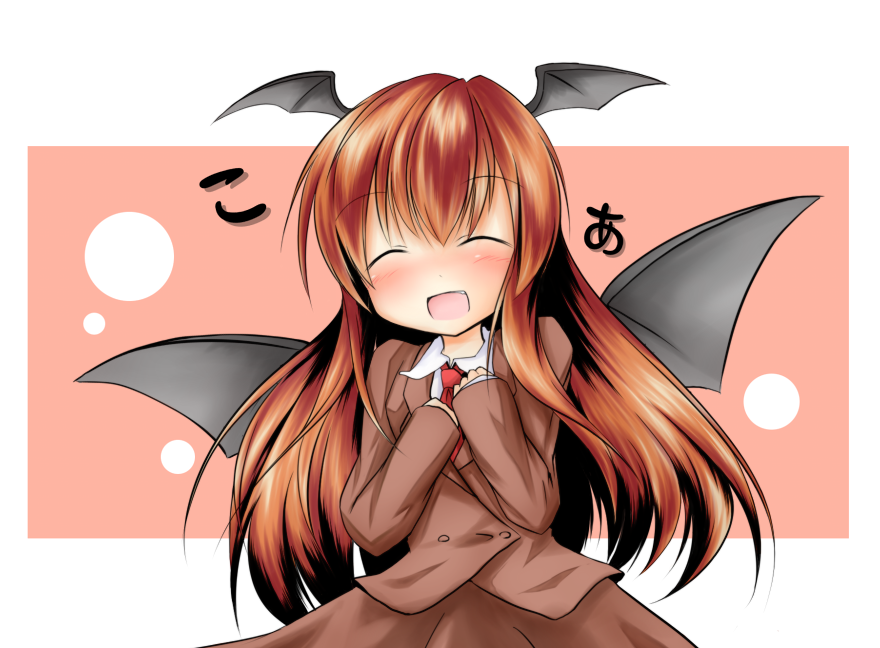 :d bat_wings blush closed_eyes head_wings headwings koakuma light_brown_hair long_hair necktie open_mouth skirt smile tobi_(artist) tobi_(nekomata_homara) touhou vest wings