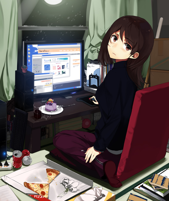 book box brown_eyes brown_hair cactus cake can cardboard_box coca-cola computer computer_keyboard computer_mouse drinking_glass food fork internet kneeling looking_back messy_room monitor notepad onomaru original pizza plant potted_plant sasamori_tomoe sitting snow solo sweater track_pants wariza window