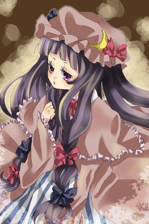 bow capelet crescent crescent_moon frills hair_bow hair_ribbon hat hat_ribbon ichinose ichinose_(sorario) long_hair moon necktie patchouli_knowledge purple_eyes purple_hair ribbon solo touhou violet_eyes