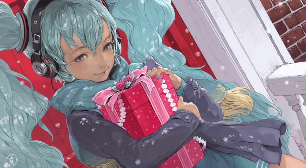 aqua_eyes aqua_hair bangs christmas gift hatsune_miku headphones long_hair scarf skirt smile snow solo toro twintails very_long_hair vocaloid