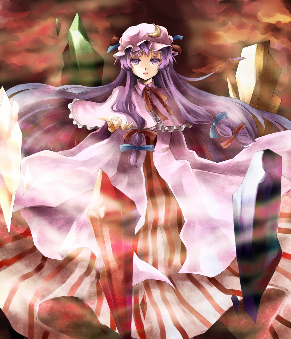 beckon bow capelet crystal foreshortening hair_bow hat long_hair outstretched_hand patchouli_knowledge purple_eyes purple_hair robe solo striped touhou very_long_hair vetina violet_eyes wind