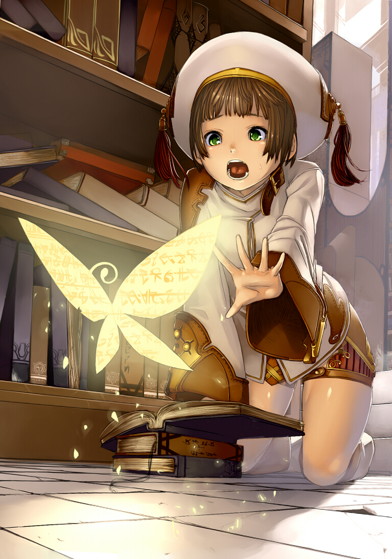 :o arched_back book bookcase bookshelf brown_hair butterfly glowing green_eyes hands hat kneeling legs open_mouth original short_hair solo sunlight tiles tissue_(pixiv)