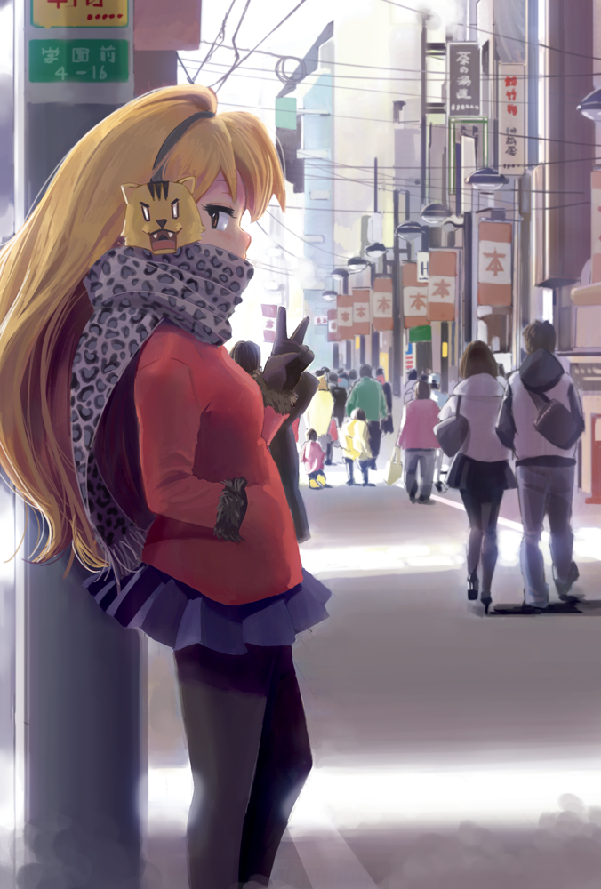 animal_earmuffs blonde_hair earmuffs hand_in_pocket isshiki_tarou long_hair palmtop_tiger pantyhose scarf skirt street tiger toradora! v winter_clothes