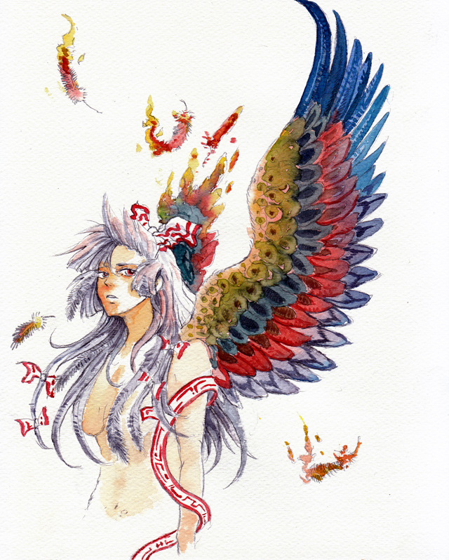bow efuo feathers fire fujiwara_no_mokou grey_hair hair_bow hair_over_breasts hair_ribbon navel nude red_eyes ribbon simple_background touhou traditional_media watercolor_(medium) wind wings