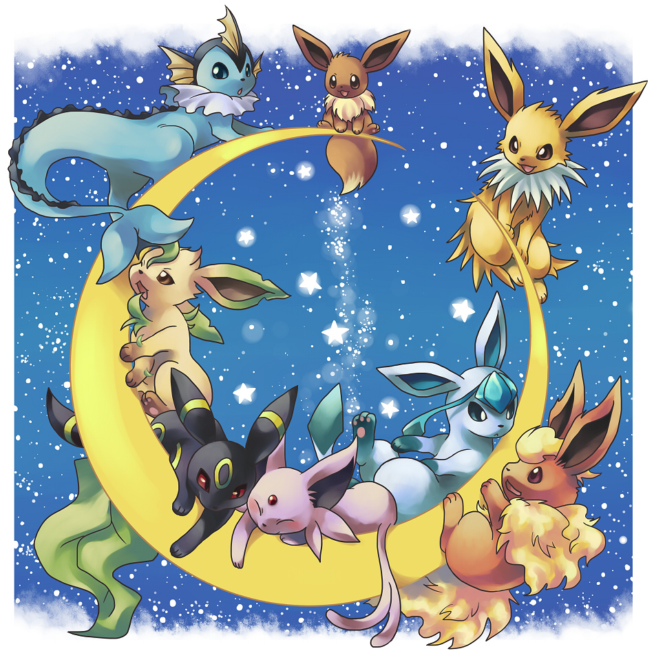 crescent_moon espeon everyone flareon glaceon ibui_matsumoto jolteon leafeon moon night no_humans pokemon pokemon_(creature) stars umbreon vaporeon