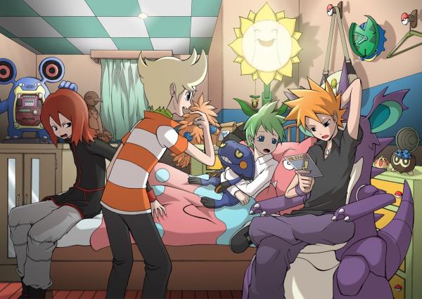 ahoge bed blonde_hair blue_eyes boots brown_hair chair croagunk green_hair happy jewelry jpeg_artifacts jun_(pokemon) lotad loudred lowres lying magyo meowth mitsuru_(pokemon) multiple_boys natu necklace nidoking objectification ookido_green ookido_green_(frlg) open_mouth pillow pillow_hug pointing pokemon pokemon_(creature) pokemon_(game) pokemon_dppt pokemon_gsc pokemon_rgby pokemon_rse red_hair redhead scarf seedot short_sleeves silver_(pokemon) silver_(pokemon)_(classic) sitting smile snubbull striped sunflora sunkern xatu