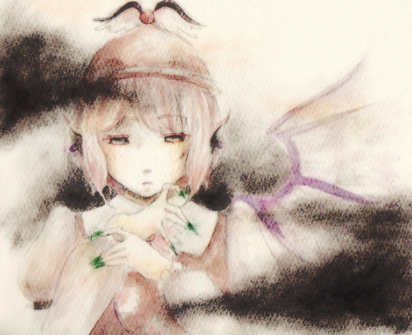 dark earrings empty_eyes face fingernails hat jewelry long_fingernails long_nails long_sleeves looking_down misaka_tsumugi mystia_lorelei nail_polish nails pink_hair portrait sepia short_hair solo touhou traditional_media watercolor_(medium) wings