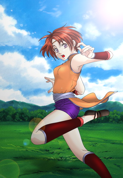 bare_shoulders chinese_clothes emily_(suikoden) female open_mouth redhead short_hair shorts solo suikoden suikoden_iii tiara violet_eyes yumi_(pixiv275460)