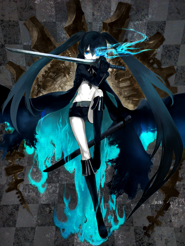 black_rock_shooter black_rock_shooter_(character) blue_eyes boots gloves glowing glowing_eyes green_hair highres jimu_kaji midriff navel scar shorts solo sword trench_coat trenchcoat twintails weapon