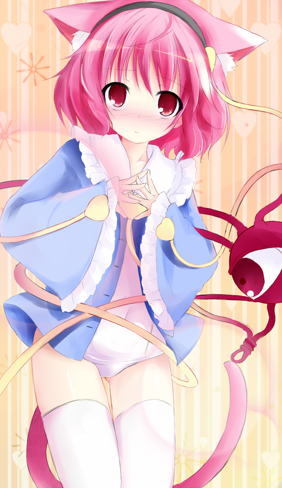 blush cat_ears cat_tail eyes hairband heart kemonomimi_mode komeiji_satori no_pants one-piece_swimsuit open_clothes pink_hair red_eyes school_swimsuit shichinose short_hair solo swimsuit swimsuit_under_clothes tail thigh-highs thighhighs touhou white_school_swimsuit