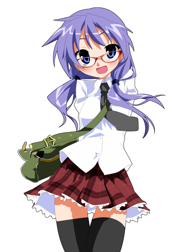 alternate_hairstyle arms_behind_back bag bespectacled blue_eyes casual frills glasses hiiragi_kagami long_hair looking_at_viewer lucky_star necktie open_mouth plaid pleated_skirt purple_hair purse red-framed_glasses satchel skirt smile takeya_yuuki tartan thigh-highs thighhighs twintails zettai_ryouiki