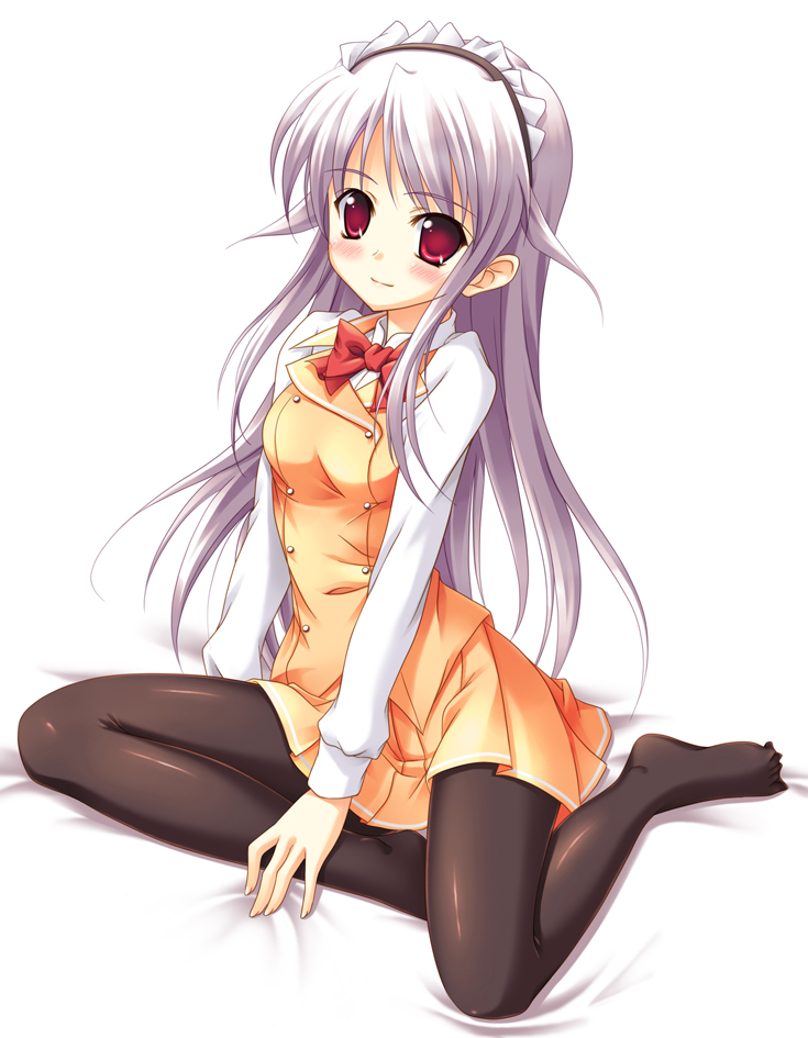 feet hairband long_hair original pantyhose purple_hair red_eyes silver_hair sitting smile solo yuurei_yashiki