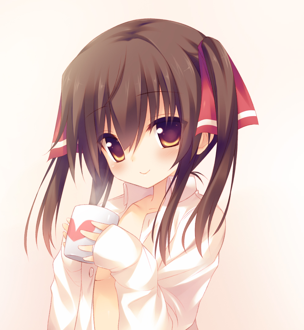 ani_(artist) blush breasts brown_eyes cup heart holding long_hair mug no_bra open_mouth original smile solo
