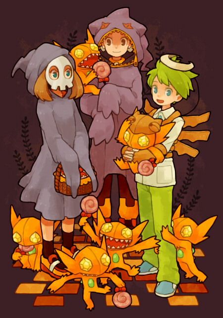 1girl 2boys alternate_color alternate_costume banette basket blue_eyes candy carrying child duskull green_hair halloween haruka_(pokemon) holding hug ikra_(katacoly) lollipop mask mitsuru_(pokemon) multiple_boys ninjask open_mouth poke_ball pokemon pokemon_(creature) pokemon_(game) pokemon_rse sableye shiny_pokemon smile standing yuuki_(pokemon)