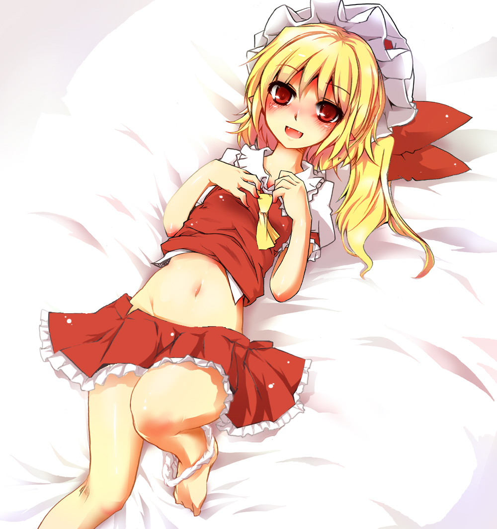ascot bare_legs barefoot blonde_hair blush bow error fangs flandre_scarlet hands_on_own_chest harii harry_(namayake) hat hat_bow midriff navel on_back on_bed open_mouth panties panties_around_leg panties_around_one_leg red_eyes short_hair side_ponytail skirt skirt_set smile solo touhou underwear white_panties