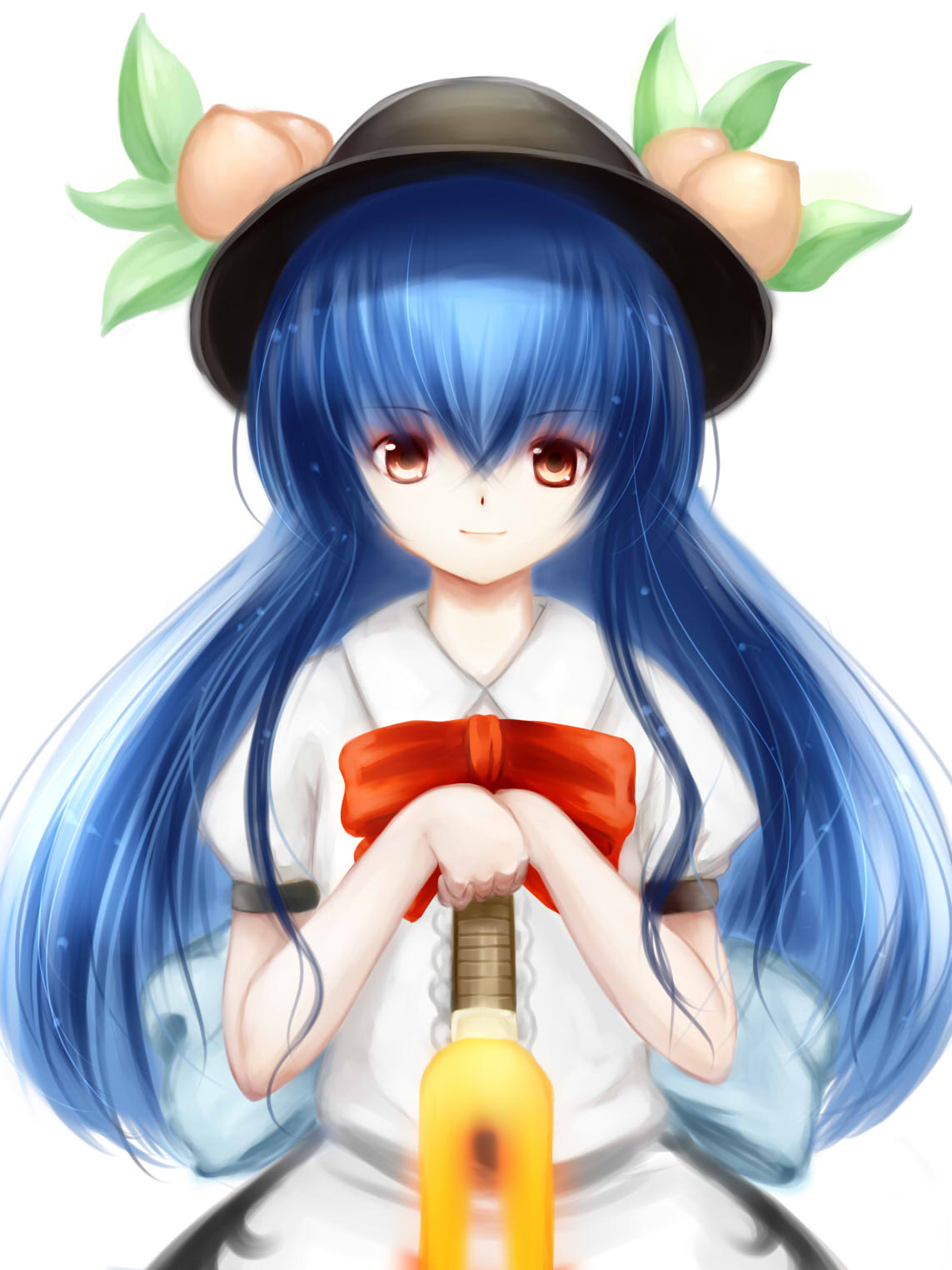 blue_hair bust food fruit hat highres hinanawi_tenshi long_hair looking_at_viewer peach red_eyes simple_background smile solo sword_of_hisou touhou very_long_hair x&amp;x&amp;x