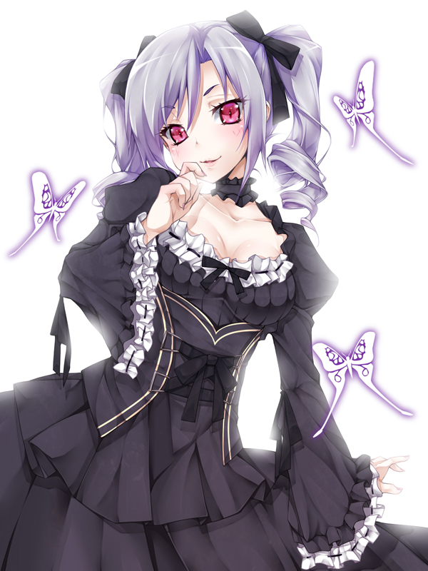 blush butterfly collarbone dress drill_hair hair_ribbon idolmaster idolmaster_cinderella_girls kanzaki_ranko lavender_hair looking_at_viewer red_eyes ribbon smile solo twintails yukinon