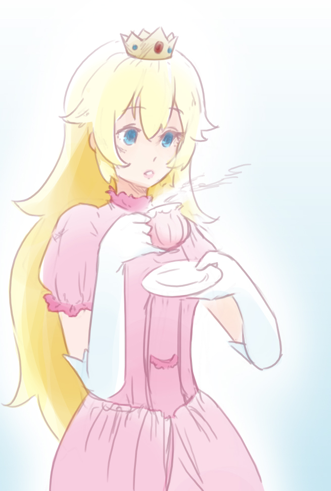 anonymous_drawfag blonde_hair blue_eyes crown cup dress elbow_gloves gloves long_hair mini_crown nintendo pink_dress princess_peach saucer solo super_mario_bros. teacup white_gloves