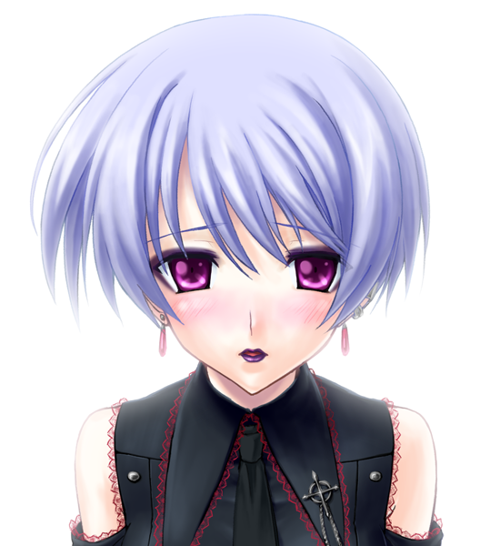 animated animated_png bare_shoulders blinking blue_hair blush chaos;head cross earrings eyeshadow jewelry kishimoto_ayase lipstick looking_at_viewer makeup necktie open_mouth purple_eyes purple_lipstick robber-krzk short_hair simple_background solo violet_eyes white_background