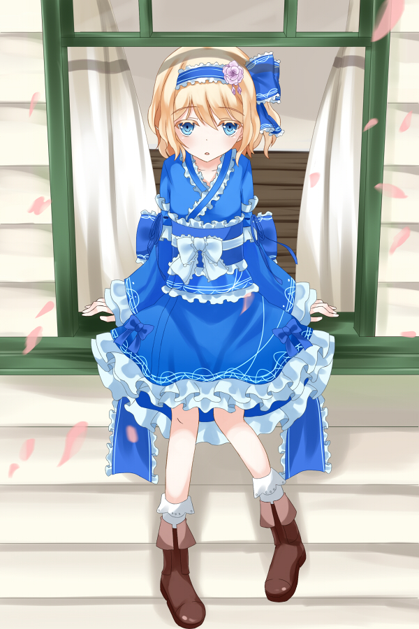 alice_margatroid alice_margatroid_(pc-98) alternate_costume blonde_hair blue_eyes blush bow flower frills hair_bow hair_ornament hairband long_sleeve long_sleeves nanatuki13 open_mouth petals rose short_hair sitting solo touhou touhou_(pc-98) wide_sleeves window