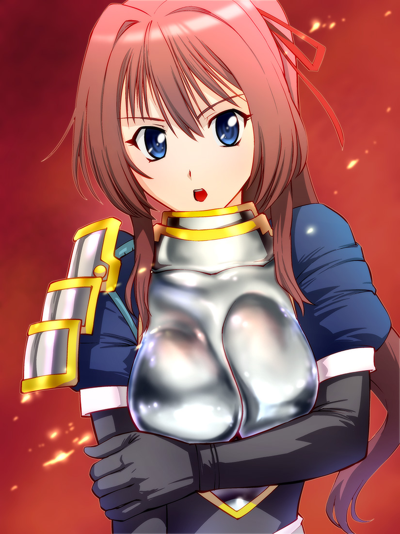 armor blue_eyes bow breast_squeeze breasts brown_hair elbow_gloves embers gloves hair_bow impossible_armor impossible_clothes long_hair looking_at_viewer oda_nobuna_no_yabou open_mouth ponytail red_background shibata_katsuie shibata_katsuie_(oda_nobuna_no_yabou) shiny shoulder_pads simple_background sode solo ueyama_michirou