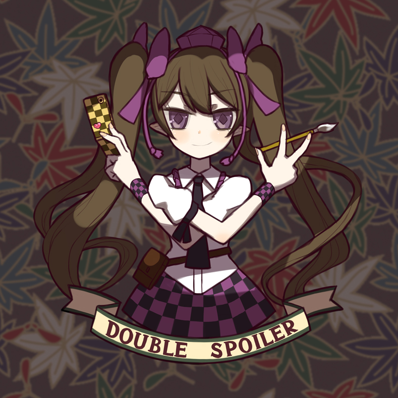 blush brown_hair brush cellphone crossed_arms double_spoiler hat himekaidou_hatate long_hair necktie phone pointy_ears puffy_sleeves purple_eyes short_sleeves smile solo tank_(artist) tokin_hat touhou twintails very_long_hair violet_eyes wristband