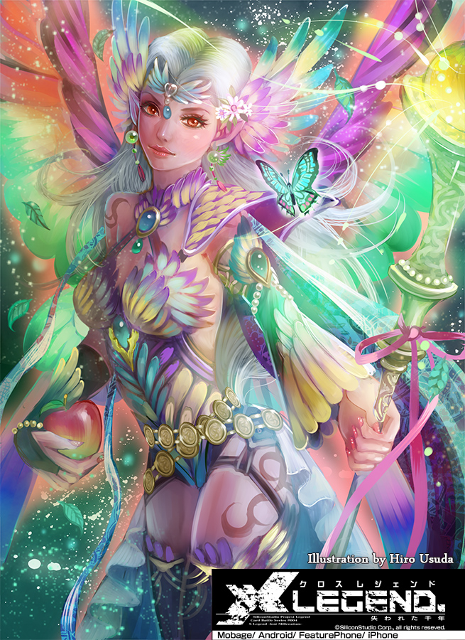apple armor artist_name butterfly colorful copyright_notice fairy fairy_queen food fruit gem hair_ornament leged_x lips multicolored_background nail_polish orange_eyes pointy_ears solo staff thigh-highs thighhighs title_drop usuda_hiro watermark white_hair wings x_legend