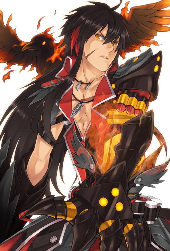 armor bad_id bird black_hair coat daizu_yan elsword fire gauntlets jewelry long_hair male multicolored_hair necklace object_namesake raven_(elsword) red_hair redhead serious solo two-tone_hair white_background yellow_eyes