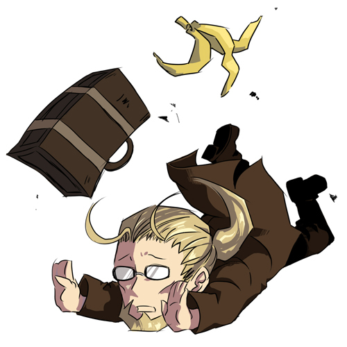 antenna_hair banana_peel blonde_hair chibi da_huang fullmetal_alchemist glasses lowres male ponytail suitcase tripping van_hohenheim