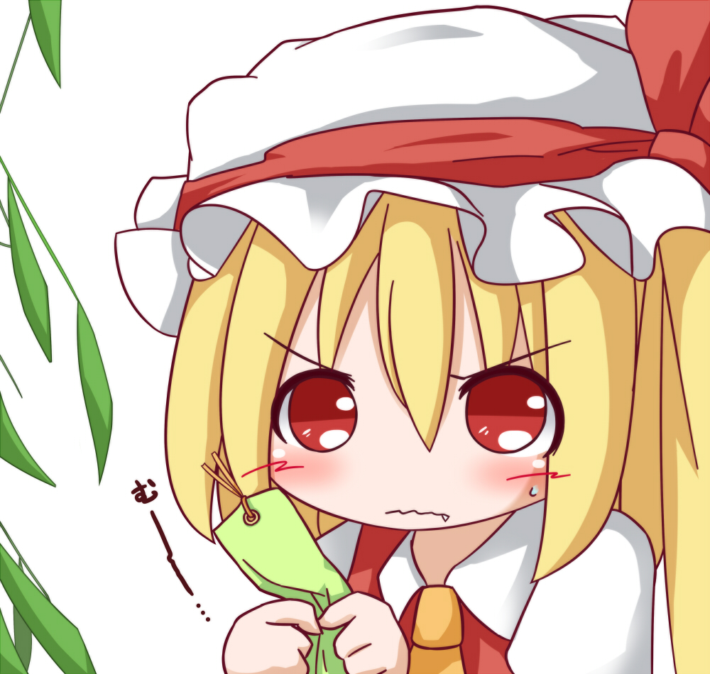 blonde_hair blush bust chibi determined fang flandre_scarlet hat hat_ribbon kisa_(k_isa) necktie paper red_eyes ribbon shirt short_hair side_ponytail solo tanabata touhou vest wavy_mouth