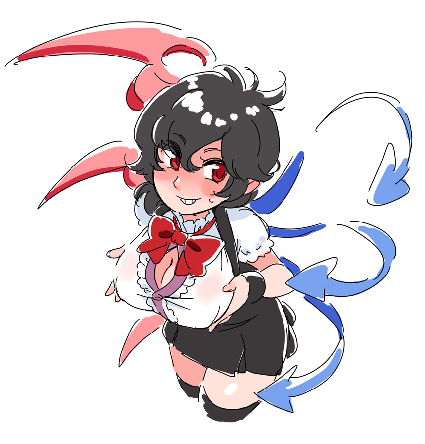 alternate_breast_size asymmetrical_wings black_hair black_legwear breast_lift breasts cleavage houjuu_nue large_breasts mitsumoto_jouji red_eyes short_hair simple_background sketch smile solo thigh-highs thighhighs touhou white_background wings zettai_ryouiki