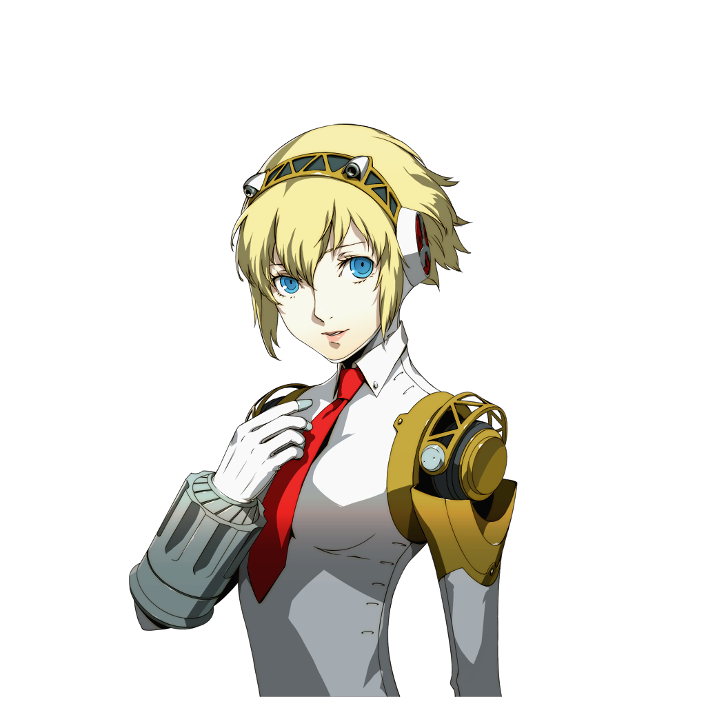 aegis android blonde_hair blue_eyes official_art persona persona_3 persona_4:_the_ultimate_in_mayonaka_arena short_hair simple_background smile soejima_shigenori solo transparent_background