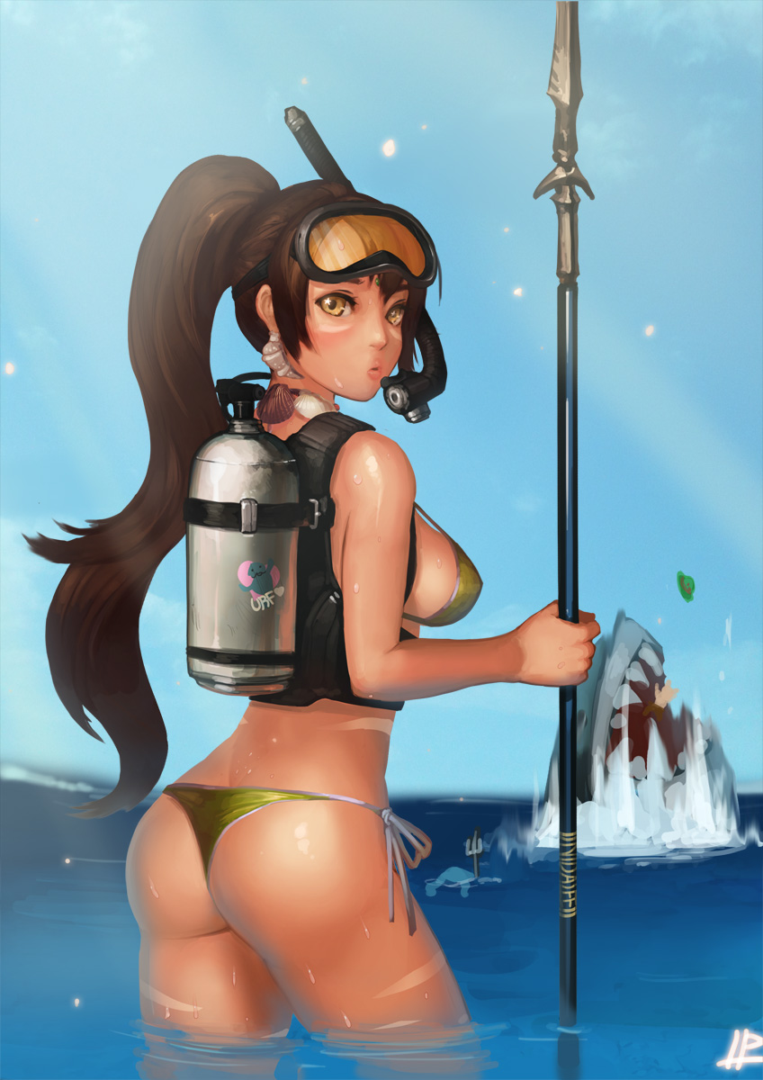 animal ass bikini breasts brown_eyes brown_hair fish fizz_(league_of_legends) goggles goggles_on_head high_ponytail highres instant-ip league_of_legends long_hair looking_back nidalee panties polearm ponytail scuba_gear scuba_tank shark shell side-tie_bikini sideboob solo spear strap_gap swimsuit tan teemo thong thong_bikini trident underwear urf wading water weapon wet