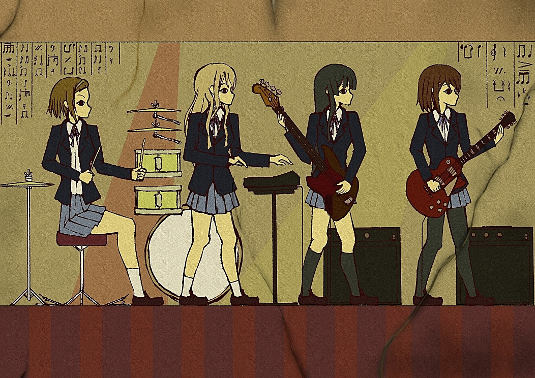 akiyama_mio amplifier ashiyu_(ashmouautz) bass_clef bass_drum bass_guitar black_hair black_legwear blazer blonde_hair brown_hair cymbals drum drum_set drumsticks duplicate egypt egyptian electric_guitar female fine_art_parody guitar hairband hieroglyphics hirasawa_ui hirasawa_yui instrument k-on! keyboard keyboard_(instrument) kotobuki_tsumugi multiple_girls music musical_note pantyhose parody school_uniform shoes tainaka_ritsu treble_clef white_legwear