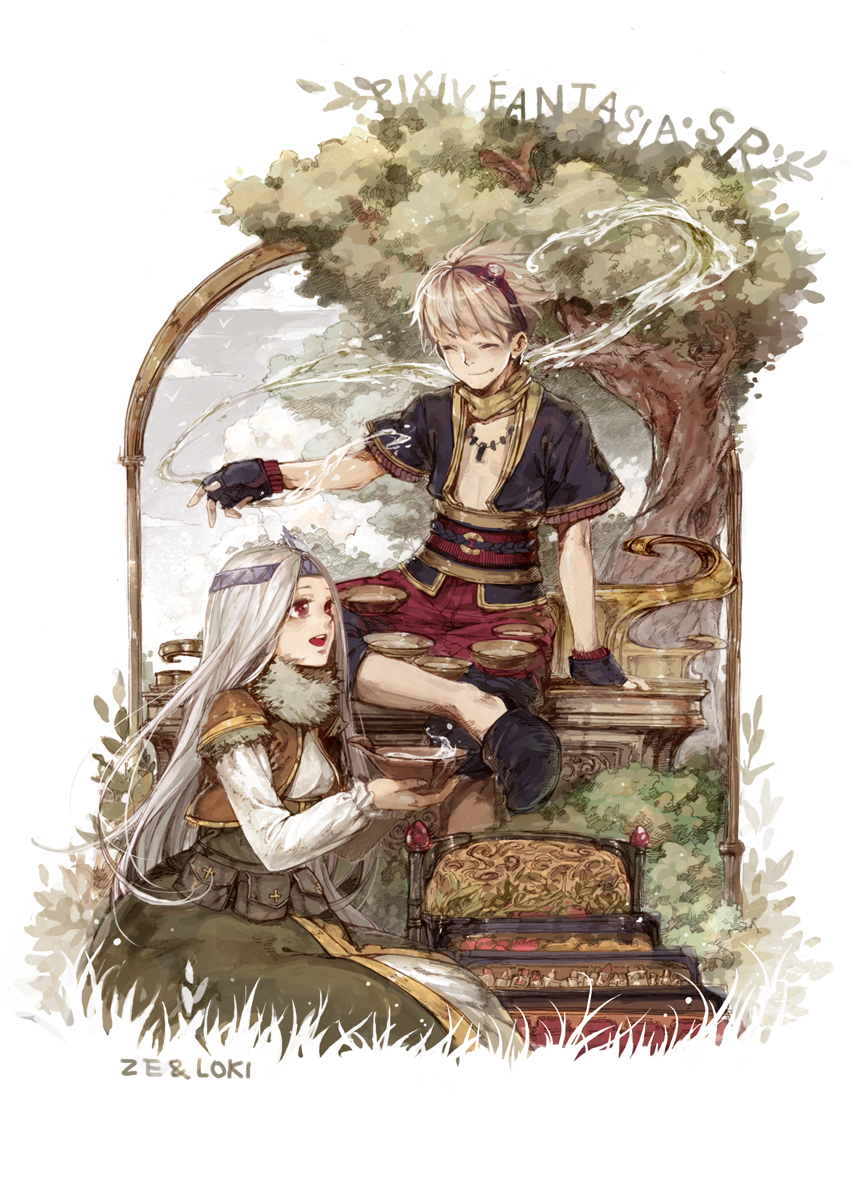 1girl :d ^_^ bowl brown_hair closed_eyes eyes_closed fingerless_gloves gloves highres long_hair looking_at_another open_mouth pixiv_fantasia pixiv_fantasia_sword_regalia red_eyes silver_hair silverwing sitting smile title_drop tree