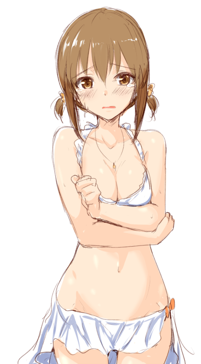blush bow bra breast_hold breasts brown_eyes brown_hair character_request clearite cleavage collarbone covering covering_breasts hagiwara_yukiho idolmaster jewelry navel necklace solo sweatdrop tears totoki_airi underwear white_background white_bra