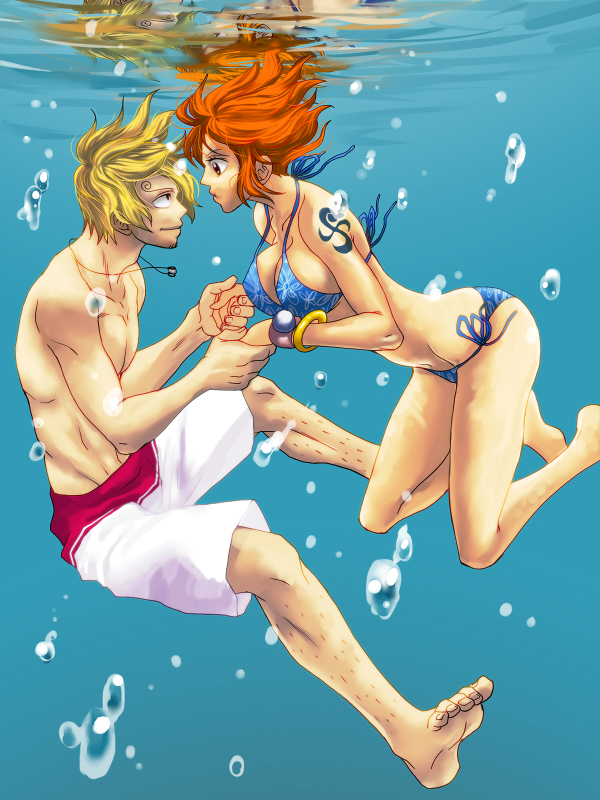 1girl artist_request barefoot bikini blonde_hair bracelet breasts bubble facial_hair feet freediving goatee hairy_legs hand_holding holding_hands jewelry large_breasts log_pose long_hair nami necklace one_piece puffy_cheeks red_hair redhead reflection sanji short_hair side-tie_bikini sideboob strap_gap swim_trunks swimming swimsuit tattoo underwater water