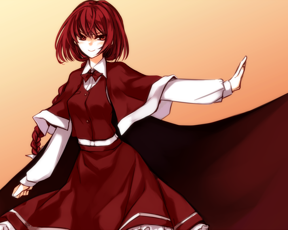 &gt;:) 1girl bow braid cape capelet long_hair long_sleeves okazaki_yumemi outstretched_arm red_eyes red_hair redhead shiren_(monochrome_structure) simple_background single_braid smile solo touhou touhou_(pc-98) very_long_hair vest