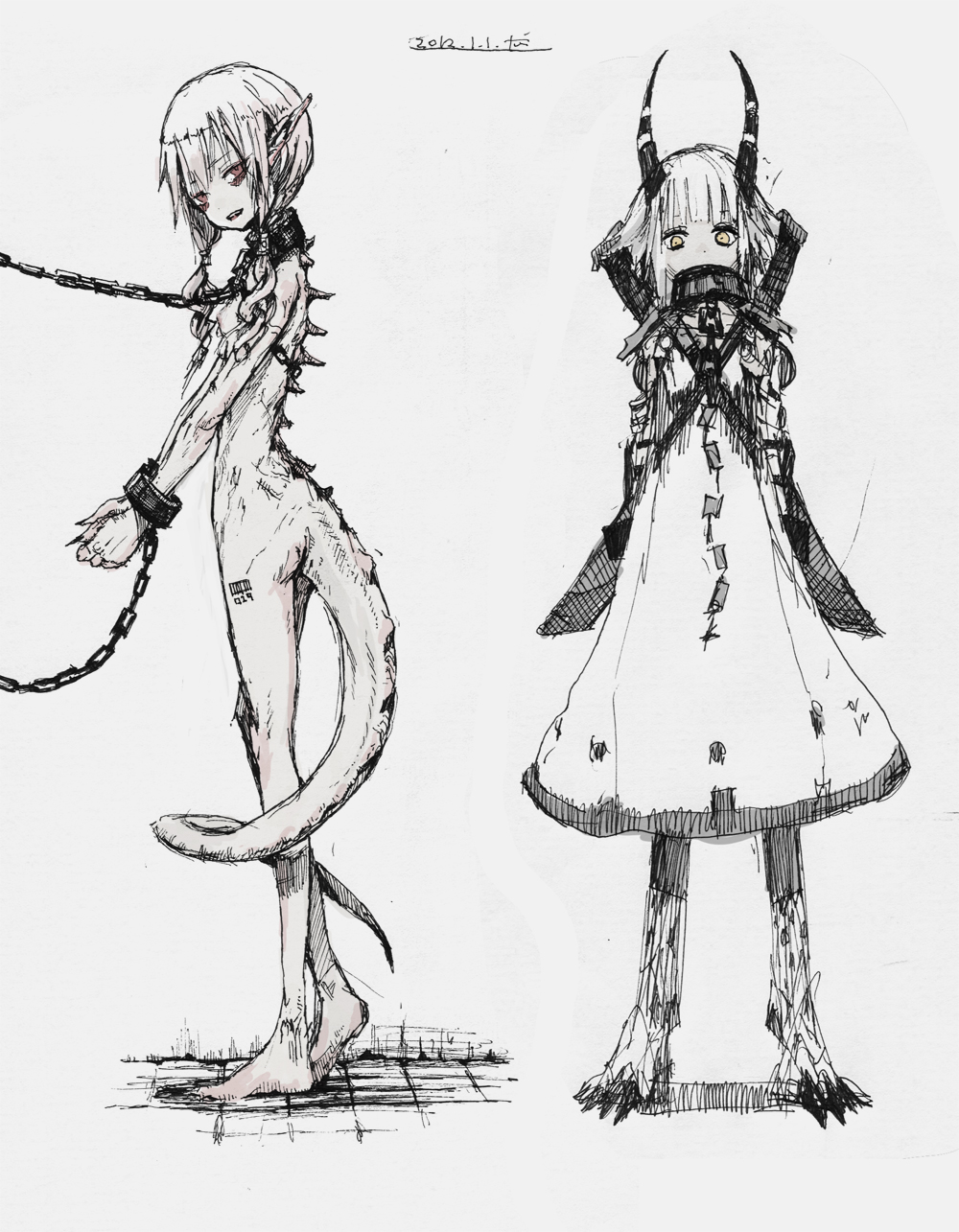 chain chains dated highres horns looking_at_viewer monochrome monster_girl multiple_girls nude original pointy_ears short_hair simple_background sketch tail toi_(number8) traditional_media white_background