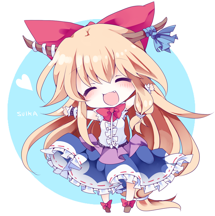 blonde_hair blush bow character_name closed_eyes eyes_closed fang hair_bow heart horns ibuki_suika long_hair open_mouth sleeveless solo touhou very_long_hair wrist_cuffs yukiusagi_(paretto)