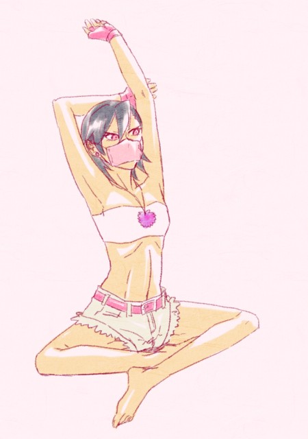 1girl arm_behind_head arm_up armpits bare_arms barefoot belt black_hair earrings fingerless_gloves gloves hatoful_kareshi indian_style jewelry koshiba_azami midriff navel necklace no_bra no_jacket no_shoes no_socks outstretched_arm personification pink_background pink_eyes pink_gloves short_hair short_shorts shorts simple_background sitting sleeveless solo surgical_mask tubetop
