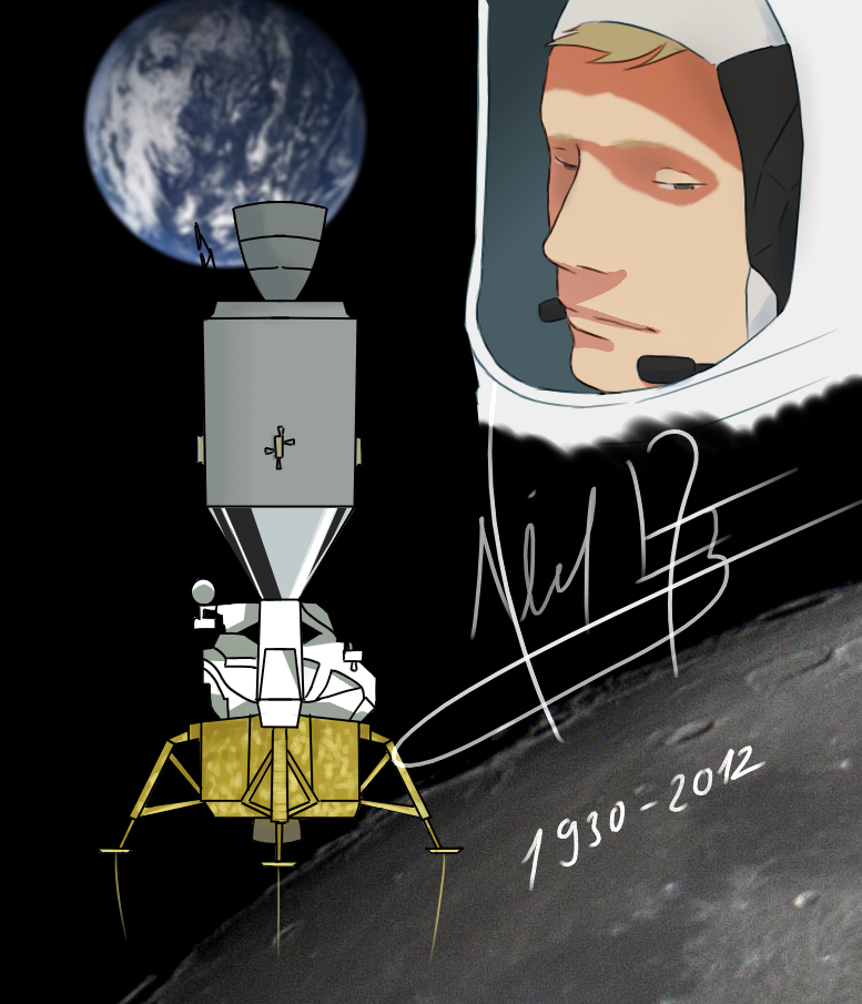 60s apollo_11 astronaut blonde_hair blue_eyes copyright_request eagle_(spacecraft) earth helmet moon neil_armstrong oldschool signature space space_craft spacesuit