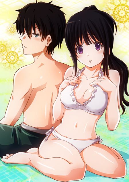 1girl back-to-back barefoot bikini black_hair breasts chitanda_eru cleavage feet frilled_bikini frills grey_eyes hyouka long_hair moai_(moai_world) oreki_houtarou ponytail purple_eyes shiny shiny_skin short_hair shorts sitting swim_trunks swimsuit violet_eyes wariza white_bikini