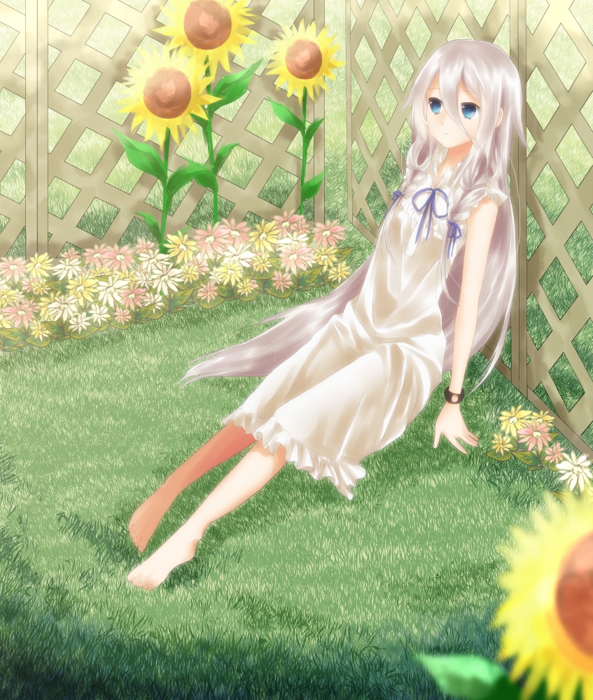 barefoot blue_eyes dress edwin503_yayoi flower honma_meiko honma_meiko_(cosplay) ia_(vocaloid) long_hair silver_hair sleeveless sleeveless_dress sunflower